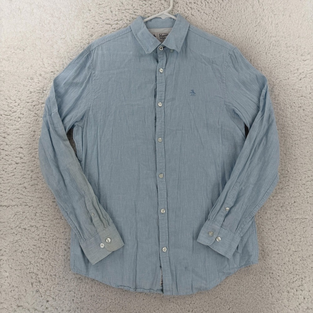 Original Penguin Linen Shirt Mens Medium Blue Long Sleeve Button Up Cotton